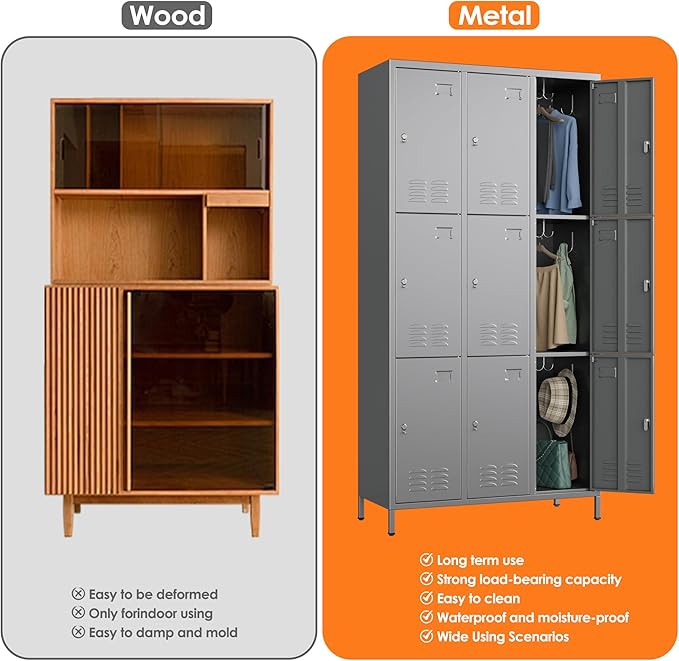 Aobabo New 9 Doors Metal Storage Locker for Employees, Lockable Steel Locker with Name Card Slot and 27 Hooks for School Office Gym Garage, Dark Grey, Assembly Required