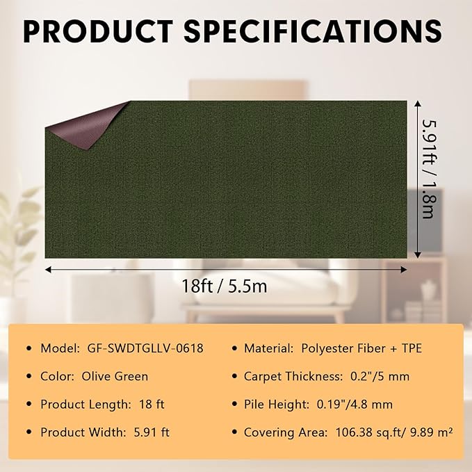 Marine Carpet,6 FT x 18 FT Olive Green Indoor Outdoor Carpet 0.2" Thick with Water-Proof TPE Backing, Non-Slide for Home, Patio, Porch, Deck