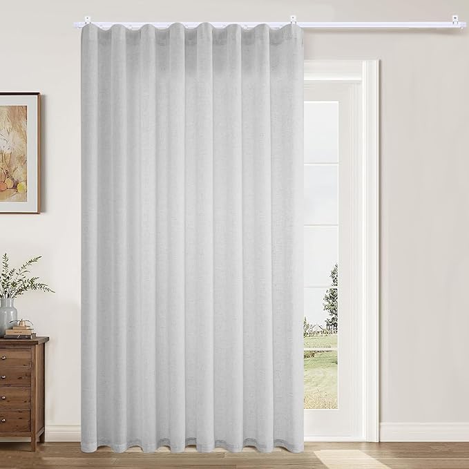 Faux Linen Semi Sheer Divider Curtain with Flexible Track, Extra Wide 1 Panel Light Filtering Privacy Curtain for Patio Sliding Glass Door or Room Divider, Living Room Bedroom, Natural, W72xL72
