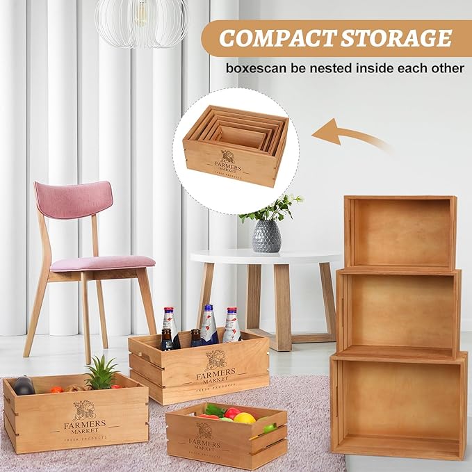 Barydat Set of 5 Wood Crates for Display Decorative Nesting Wooden Crate Storage with Handles Vintage Farmhouse Style Decorative Boxes Multipurpose Fruits Vegetables Boxes(Brown,Classic)