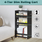 MARTY Rolling Storage Cart 7.9" W, 4-Tier Kitchen Cart with Wheels Handle, Slim Storage Cart Mobile Shelving Utility Carts for Bathroom Laundry Room Organization Narrow Places (All Black)