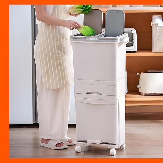 42L Kitchen Trash Can with Lid, Three-Layer Dual Trash and Recycling Bins with Wheels, Vertical Dry and Wet Separation Waste Sorting Bins with 3 Removable Inner Buckets