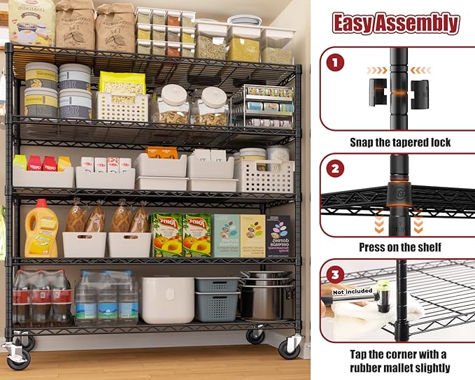 PrimeZone 48" W x 24" D x 81" H Heavy Duty Wire Storage Shelves with Wheels, 5 Tier Adjustable NSF Certified Garage Shelving Unit, Rolling Metal Organizer Shelf Utility Rack for Warehouse, Pantry