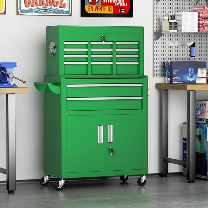 Superday Metal Tool Chest, 8 Drawer Rolling Tool Chest with Wheels, Detachable Tool Storage Cabinet with Lock for Garage, Steel Tool Cart with Liner & Hooks for Workshop, Warehouse (Green)