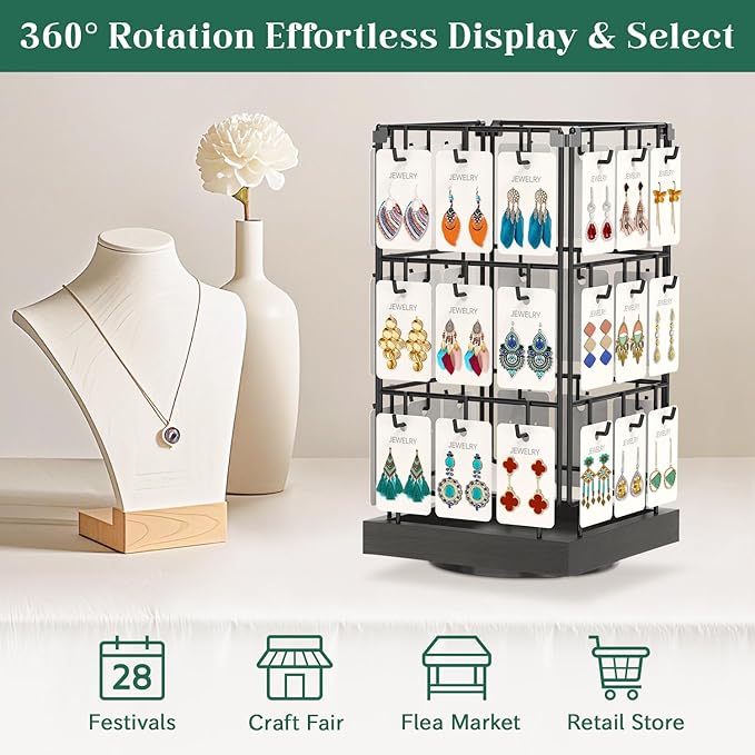 EsLuker.ly Rotating Earring Display Holder Stand for Vendors Events Selling, Large Capacity 36 Hooks Jewelry Rack with Wooden Base for Earring Card Sales, Enhances Retail Visibility(Black)