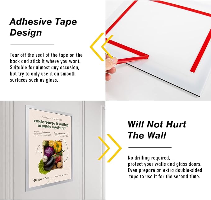 Acrylic Magnetic Sign Holder, Easy-Opening 8.5 x 11 Wall Mount Display Frames, Self Adhesive Back Plastic Clear Document Frame, Horizontal & Vertical Display (Silver, 3Pack)