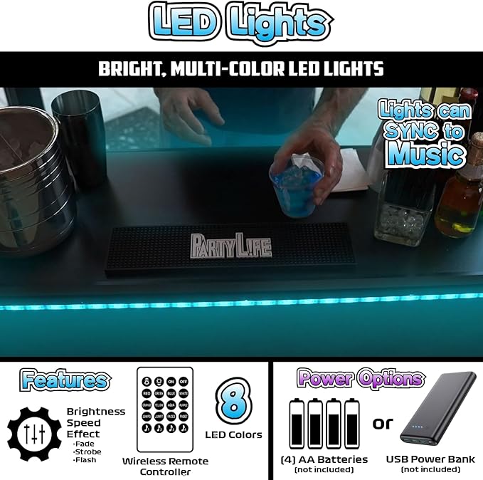 PartyLife Premium Portable Bar Table w/LED Lights, Wireless Remote, Folding Legs, Black Fabric Bar Skirt, 2 Storage Shelves & 2 Carrying Bags | Commercial Grade | Strong & Sturdy - White