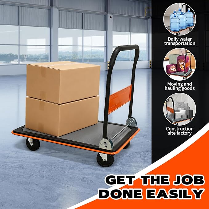 660lbs Large Size Heavy Duty Orange Flatbed Cart, Folding Steel Platform Hand Truck with 360° Silent Swivel Wheels, Utility Dolly for Storage & Moving