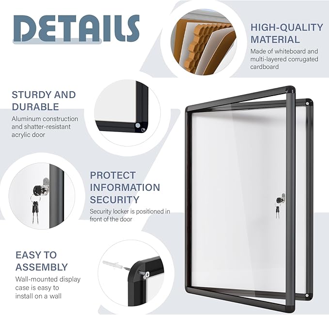 Enclosed Bulletin White Board 36x24 in, Lockable Wall Display Case for Office School Home Commercial, Tamperproof and Shatter Resistant, Black Aluminum Frame
