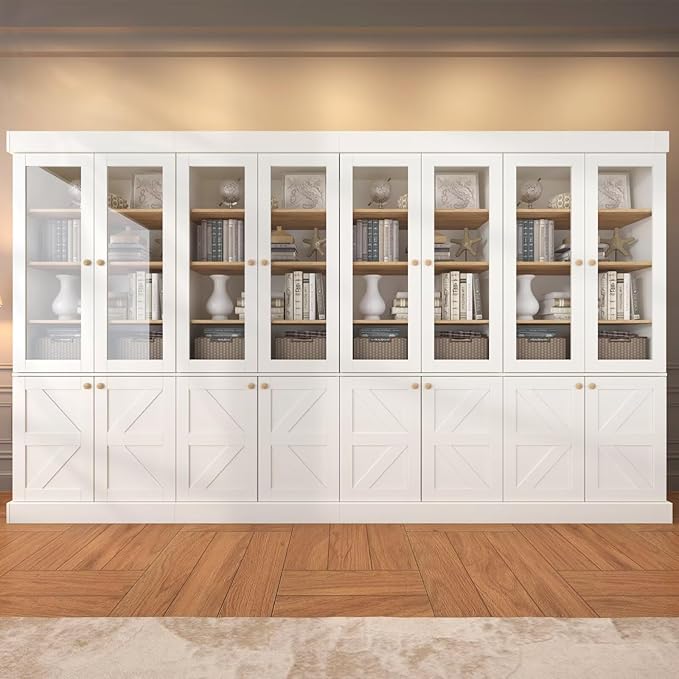 Vyre 71" Tall Farmhouse Bookshelves with Glass Doors, Set of 4 – Large Modular Bookcase with Adjustable Shelves, Storage Cabinet for Living Room, Kitchen, Home Office, White