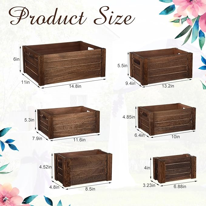 6 Pcs Decorative Wood Crates for Storage Display Rustic Nesting Crates with Handle Farmhouse Wooden Storage Container Boxes for Wedding Party Farmers Market Supplies Decor