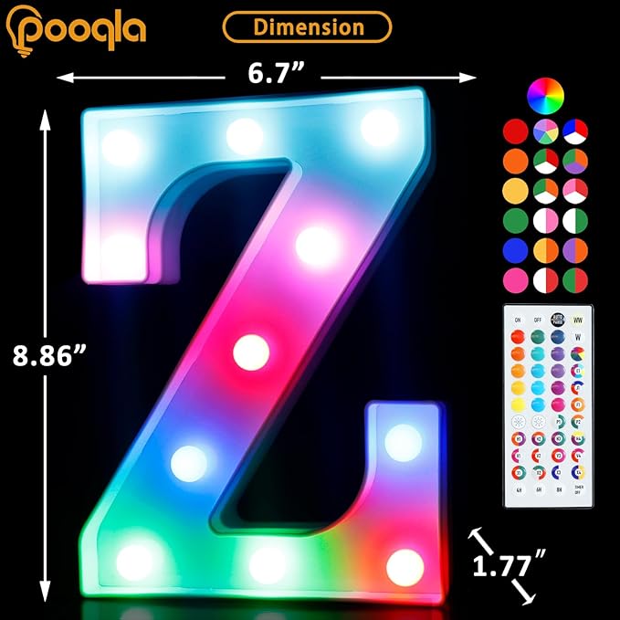 Pooqla Colorful Light Up Letters with Remote, Upgraded 35 Colors LED Marquee Letters, RGB Lighted Letter for Girls Teenager Gift, Birthday, Party, Wedding, Night Light, Room, Bedroom Decor, Letter Z
