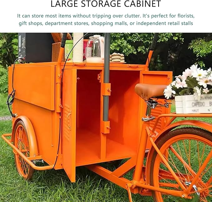 Mobile Vending Bicycle Cart, Food Display Stand with Parasol, Large Storage Space, Perfect for Shopping Malls, Events, Streets(Black)