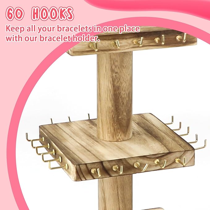 Bracelet Holder Display, 3 Tier Wooden Rotating Display Stand for vendors, 60 Hooks for Bracelet, KeyChain, Necklace, Jewelry