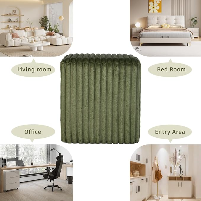 Modern Square Ottoman, Vertical Channel Tufted Foot Stool Ottoman, Velvet Upholstered Vanity Stool for Makeup, Bedroom, Living Room, Dark Green