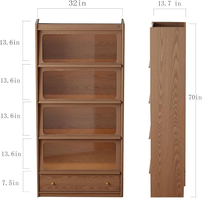 Solid Wood Bookcase with Flip-Up Tempered Glass Doors,70" H Tall Wood Book case with 3 Color Led Lights,4 -Tier Wooden Bookshelf and 1 Drawer,Display Cabinet Kitchen Pantry for Living Room,Office