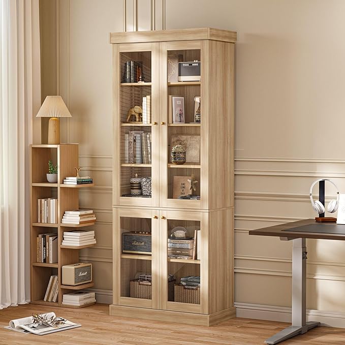 70.8" Bookshelf with Glass Doors, Farmhouse Modular Bookcase with 6-Tier Adjustable Shelves, Large Storage Cabinet for Living Room & Home Office, Set of 2, Brown
