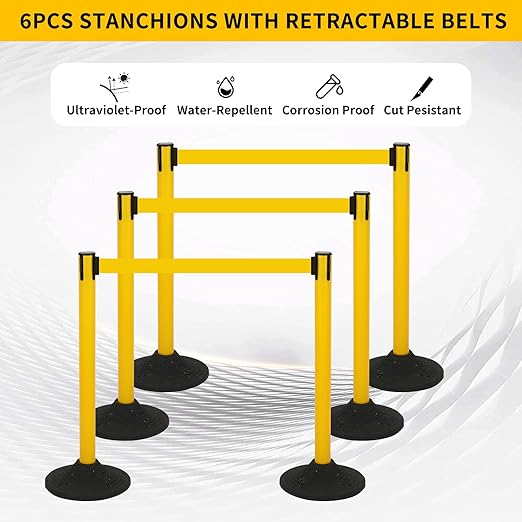 6PACK Crowd Control Stanchions Yellow Set BESEA Heavy Duty Crowd Control Barriers with 10' FEET Black Retractable Belt, Heavy Duty Rubber Base, Easy to Install (6PACK)