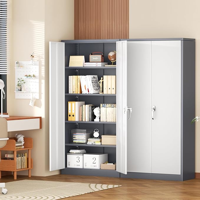 Superday Metal Storage Cabinet with Lock, 72" H Garage Storage Cabinet with Doors and 4 Adjustable Shelves,White Grey Steel Locking Cabinets for Office, Home, Garage, Gym, School
