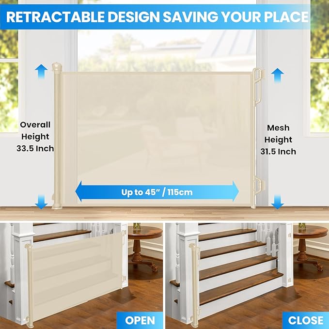 Retractable Safety Baby Gate or Mesh Dog Gate,Durable Portable Mesh Retractable Gate,Easy to Use for Stairs, Doorways, Hallways, Indoor, Outdoor, 33.5" Tall, Up to 45" Wide, Cream