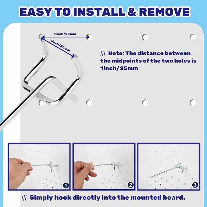 40Pcs 8" /200mm Stainless Steel Pegboard Display Hooks Bulk Set, Silver Garage Organization Peg Wall Hook Metal Slatwall Panel Hook Fit 1/8 and 1/4 Inch Pegboard for Retail