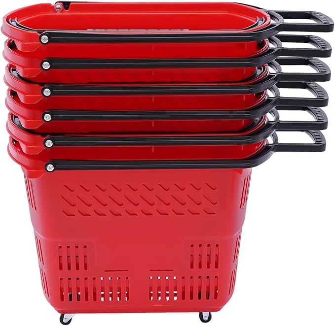 6PCS Shopping Carts with Wheels, 35L Portable Shopping Baskets Set with Handles Grocery Basket for Retail Store, Supermarket, Grocery |19" x 13.7" x 14" (Red)