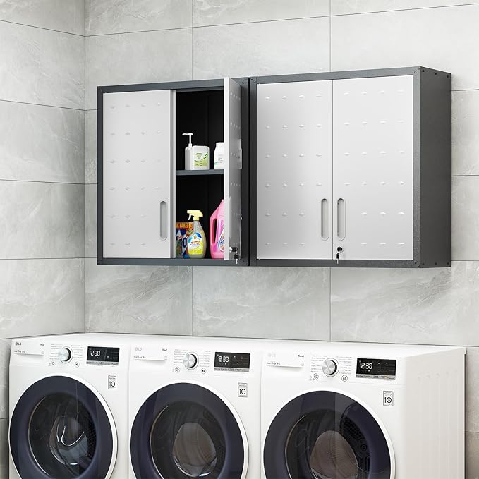 Metal Wall Mounted Cabinet with 2 Lockable Doors & Adjustable Shelf, Hanging Garage Storage Cabinet, Floating Upper Tool Cabinets for Shop, Kitchen, Bathroom (Grey, 30''W x 12''D x 30''H)