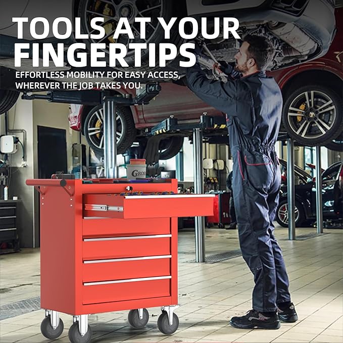 5-Drawers Garage Tool Chest, Large Capacity Tool Cabinet Heavy Duty Mechanic Rolling Tool Box Metal Locking Tool Cart with Drawers and Wheels for Storage