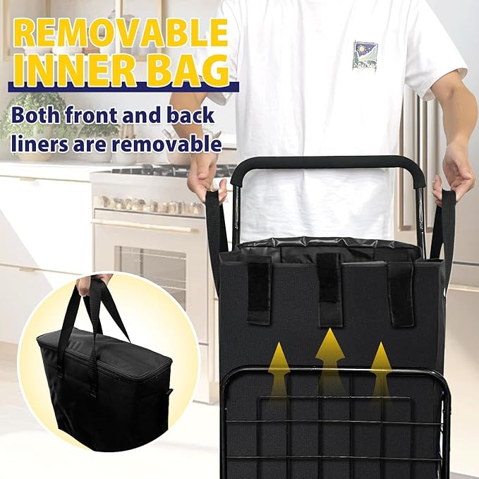 Shopping Cart for Groceries, Folding Utility Cart with Waterproof Liner and Insulated Cooler Bag, 360° Swivel Wheels Height Adjustable Portable Grocery Cart for Condo Laundry Transport Trip