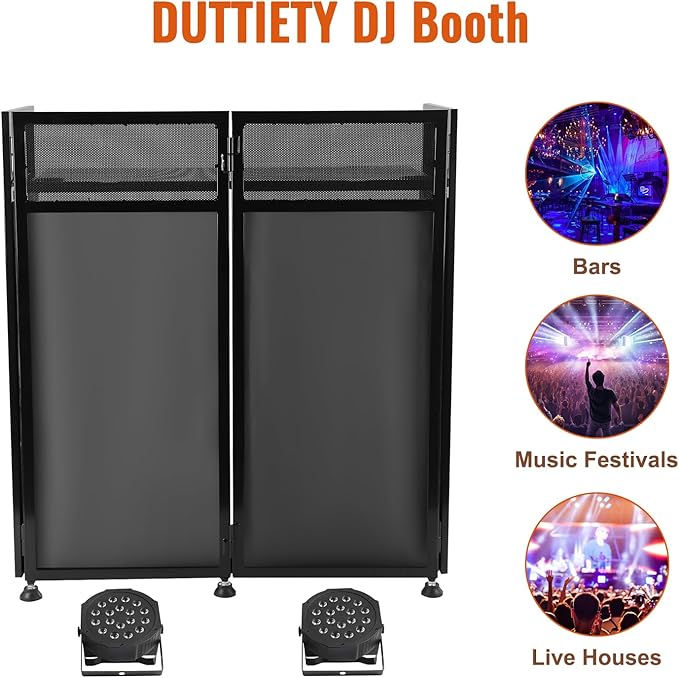 DJ Booth DJ Facade Table Station 82.7x44inch DJ Facade Booth Adjustable Height DJ Stand Foldable Metal Frame DJ Booth Panel DJ Controller Stand with 2LED 7Color Lights 2Scrims and Carrying Bag