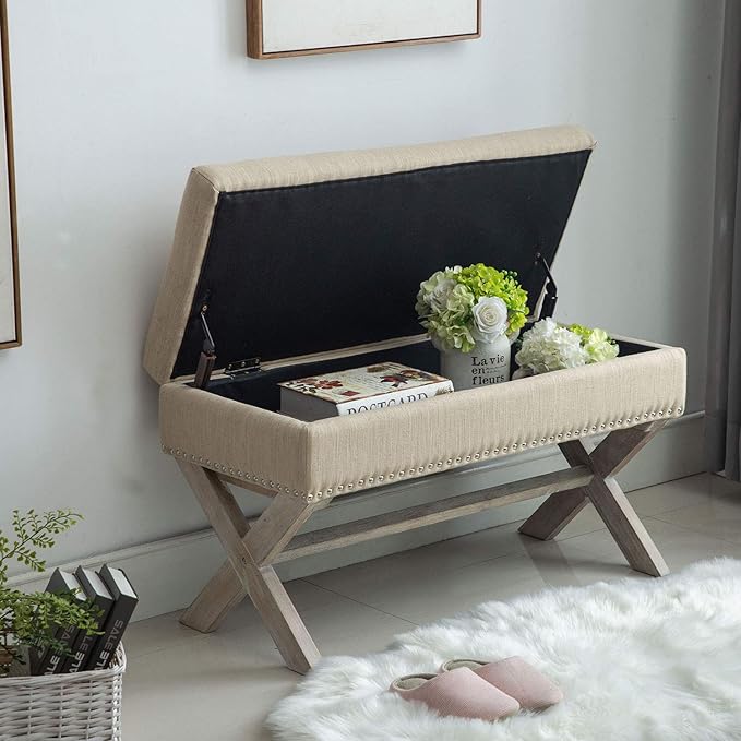 chairus Fabric Upholstered Storage Entryway Bench, 36 inch Bedroom Bench Seat with X-Shaped Wood Legs for Living Room, Foyer or Hallway - Beige