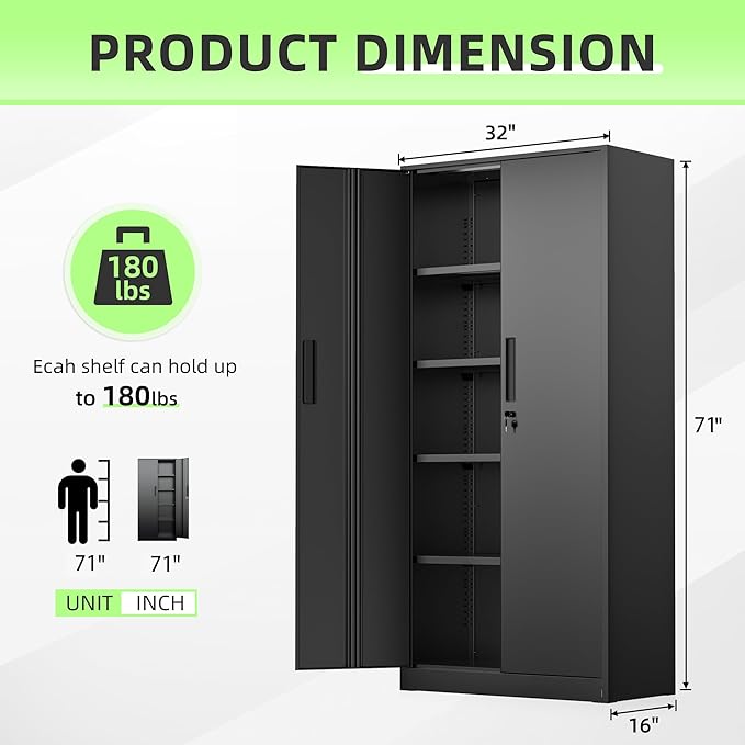 INTEGREAT Metal Storage Cabinet, 71" Black Office Metal Cabinet with Locking Doors and Adjustable Shelves, Steel Locking Cabinets for Office, Home, Garage, Gym, School