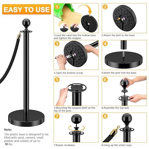 LOVMOR Stainless Steel Stanchion Post, 5 FT Black Carpet Ropes, Stanchion Post with Ball Top, Hollow Base and Velvet Ropes Safety Barriers Set for Party