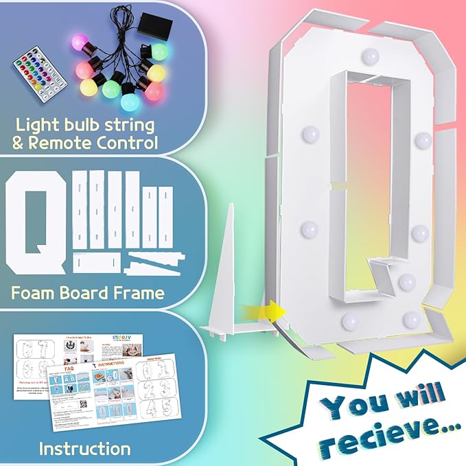 imprsv 3FT Colorful Marquee Letters Q, 18 Colors Large Light up Letters Alphabet Sign with Remote, Big Marry Me Sign, Birthday Party Decorations Anniversary Wedding Decoration