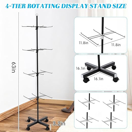 Ripeng 2 Pcs 4‑Tier Retail Display Stand – Rotating Display Rack with Wheels for Jewelry Keychains Socks Hats – Adjustable Movable Shop Spinner for Craft Shows Vendor Events & Stores Accessories,Black