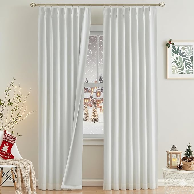 Vision Home White Pinch Pleated Full Blackout Curtains Thermal Insulated Window Curtains 95 inch for Living Room Bedroom Room Darkening Pinch Pleat Drapes with Hooks Back Tab 2 Panel 40" Wx95 L