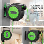 80FT Retractable Extension Cord Reel, 14 AWG/3C SJTOW Heavy Duty Power Cord with Lighted Triple Outlet, 13A Circuit Breaker, 180° Swivel Wall/Ceiling Mount Retractable Cord Reel, ETL Listed, Green