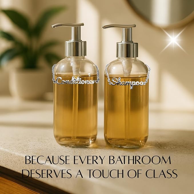 Stylish Metal Shampoo & Conditioner Dispenser Label Tags – 2-Piece Silver Handwritten Script Zinc Alloy Bottle Tags for Shower Dispensers