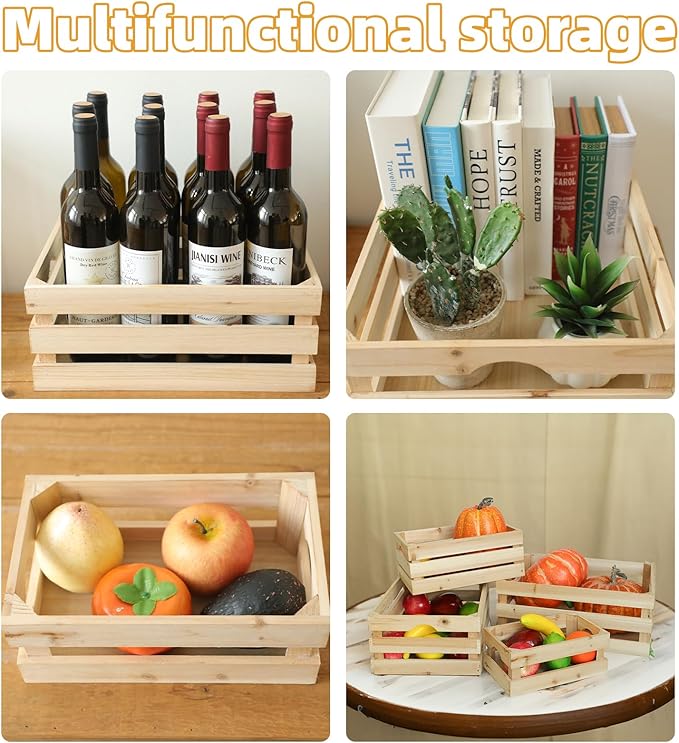 Set of 4 Large Wooden Crates Unfinished Office Storage Crates, Decorative Wood Storage Crates for Display, Rustic Pine Wood Organizer Bin Basket for Kitchen Pantry Bathroom