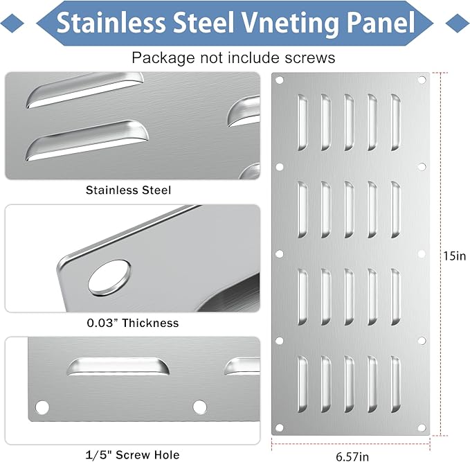2 Pack Stainless Steel Venting Panel for Grill Accessory Stainless Steel Vent Cover Grill Vent for Masonry Fire Pits Outdoor Kitchen Vent, 15" by 6-1/2"