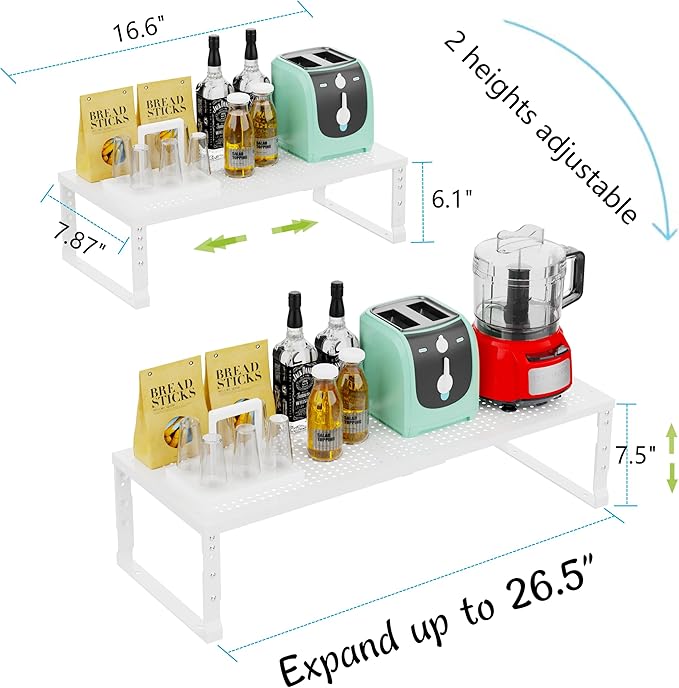 Expandable Adjustable Stackable Kitchen Organizer, Spice Rack,Metal Pantry Storage Shelves Racks,Counter Shelf for Cabinets, Countertop, Cupboard(1 Pack/Medium/White)