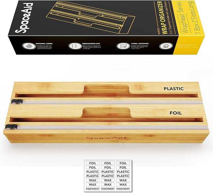 SpaceAid 2 in 1 Long Wrap Dispenser (Need 3" Deep Drawer) with Cutter, Plastic Wrap, Aluminum Foil Dispenser for Kitchen Drawer, Bamboo Roll Organizer Holder, Compatible with 15" Roll