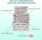 Storage Crate Nesting Wooden Crates with Handles,Set of 3 Rustic Farmhouse Decorative Wood Baskets for Storage,Display,Decor Boxes,(Large,Medium,Small)