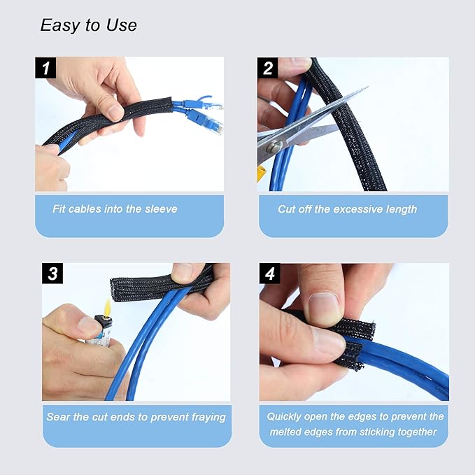 CrocSee 10ft - 3/8 inch Braided Cable Management Sleeve Cord Protector - Self-Wrapping Split Wire Loom for TV/Computer/Home Theater/Engine Bay - Black