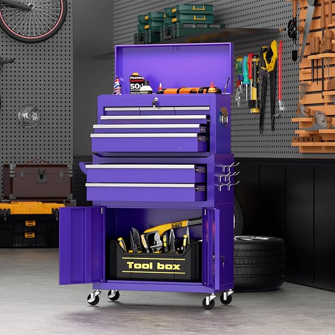 Superday Metal Tool Chest, 8 Drawer Rolling Tool Chest with Wheels, Detachable Tool Storage Cabinet with Lock for Garage, Steel Tool Cart with Liner & Hooks for Workshop, Warehouse (Purple)
