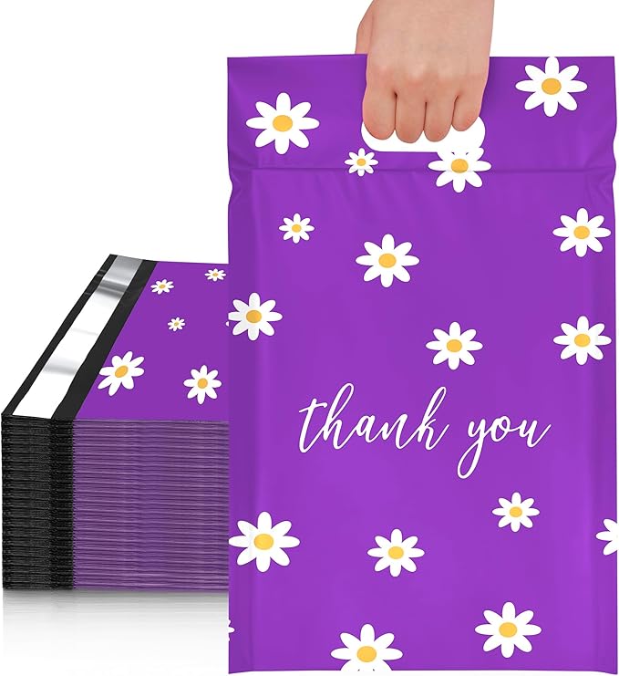JinRuiKJ Poly Mailers with Handle 10x13 Inch 100 Pcs, Easy to Carry Packaging Bags for Small Business, Thank You Shipping Bags with Self Adhesive Strip, Tearproof and Waterproof - Purple Chrysanthemum