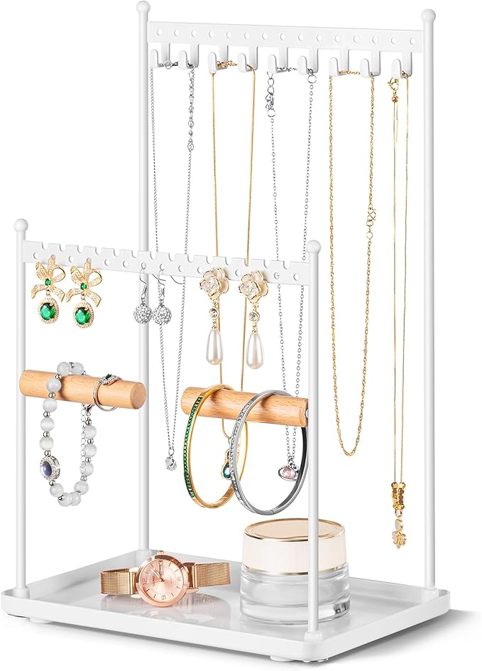Jewelry Tower Necklace Holder Organizer – 3-Tier Jewelry Display Rack with Storage Tray – Holds 22 Pairs of Earrings, Bracelets, Rings, Necklaces – Gift for Girls & Women, White