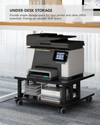 Mobile Printer Stand, 2-Tier Large Printer Shelf for Laser 3D Printer Office Machine with Storage, 23.6"x23.6" Wood Printer Cart Under Desk Rack with Wheels for Office Home Kitchen (Black)