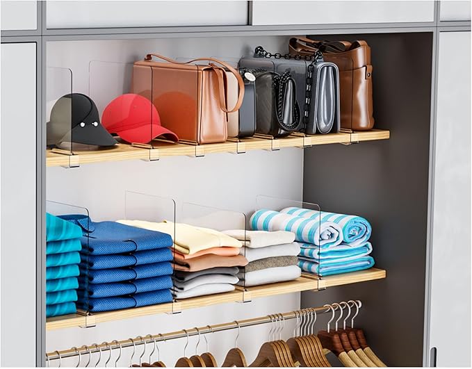 Yieach 6 Pack Acrylic Shelf Dividers for Closet Organization,Towel,Sweater,Purse Organizer - Adjustable Height - Vertical Shelf Separators for T Shirt,Clear Closet Shelf Divider for Wood Shelves