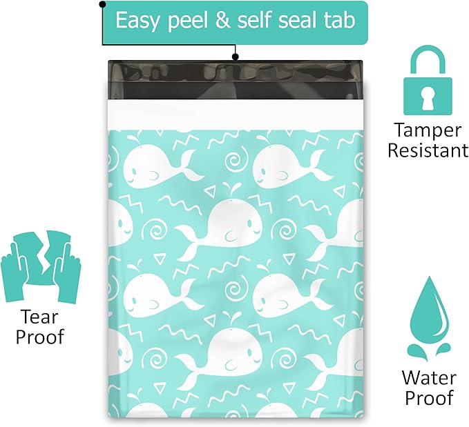 12x15 (50) Blue Whales Designer Poly Mailers Waterproof Self Sealing Tear Resistant Polymailers Shipping Envelopes Premium Printed Bags For Small Businesses